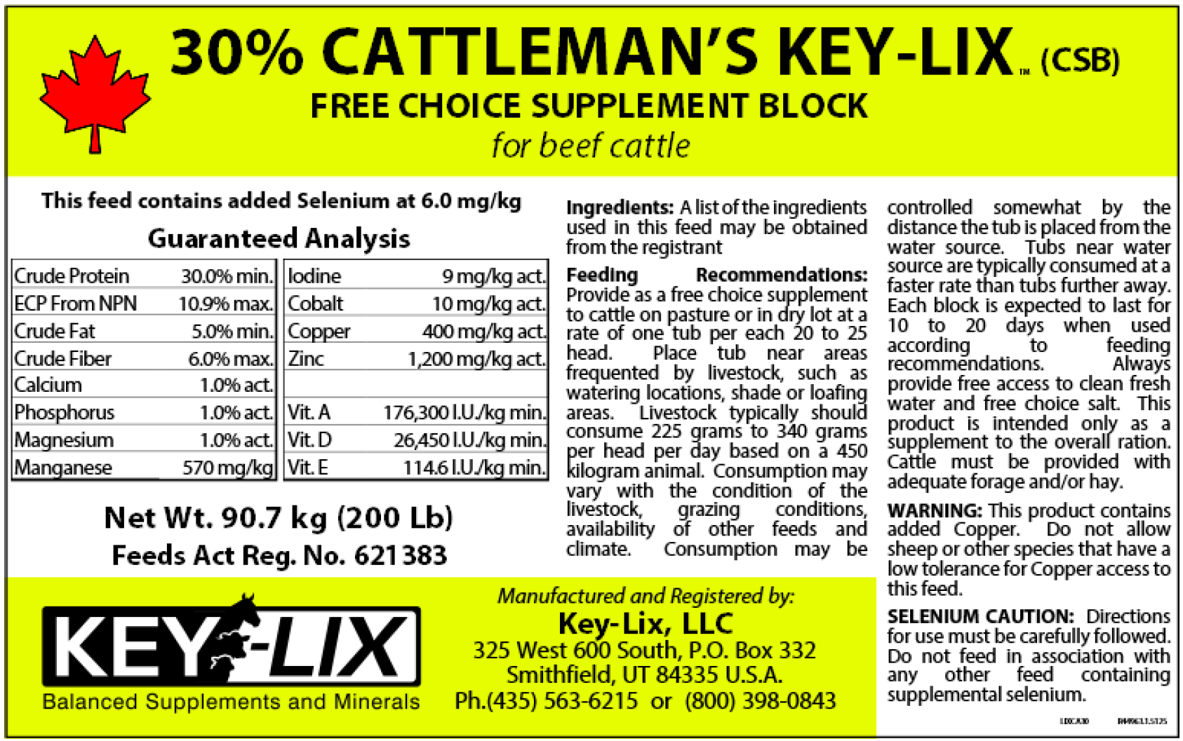 Product Label for Key-Lix 30% Tub