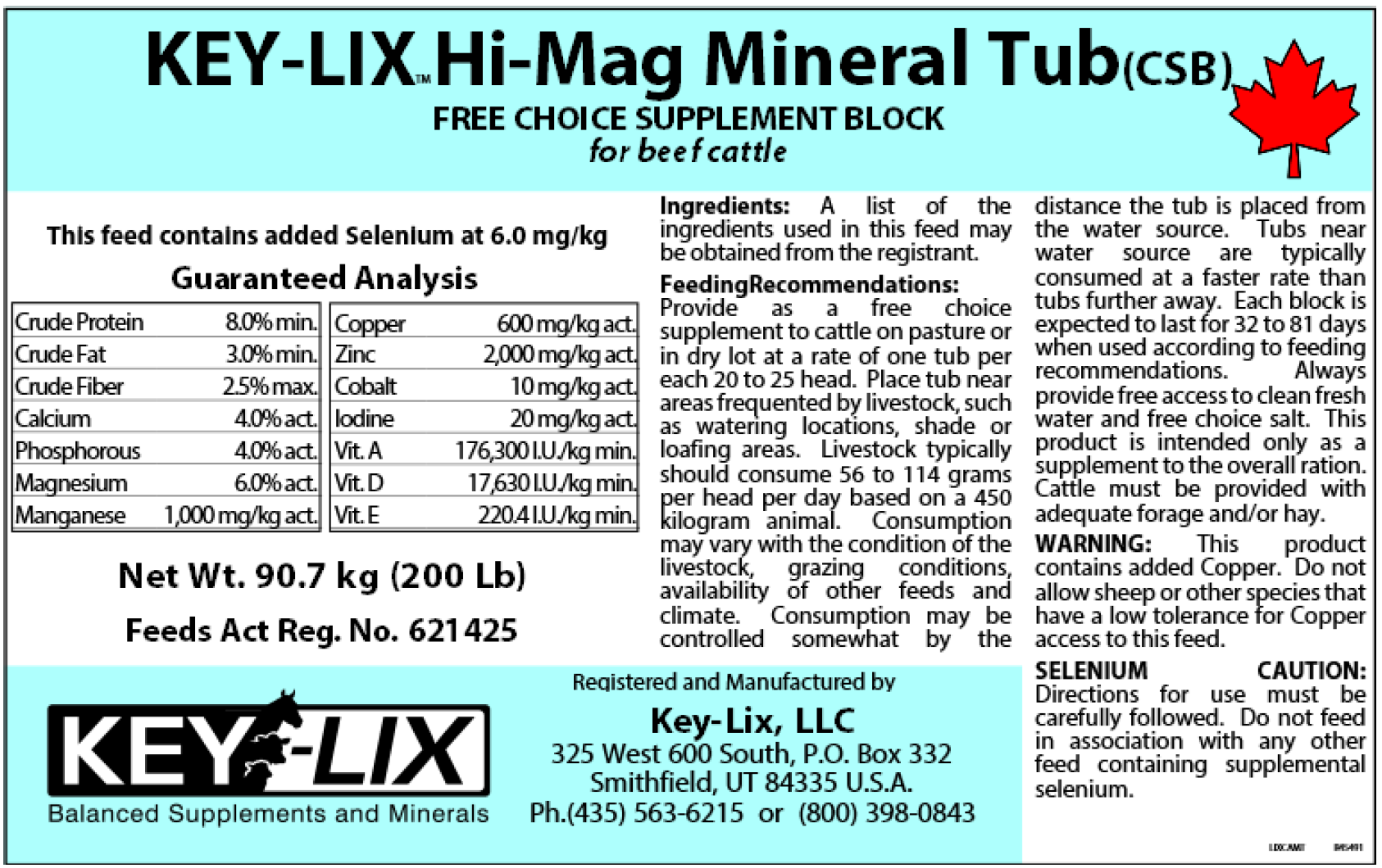 Product Label for Key-Lix Hi-Mag Mineral Tub